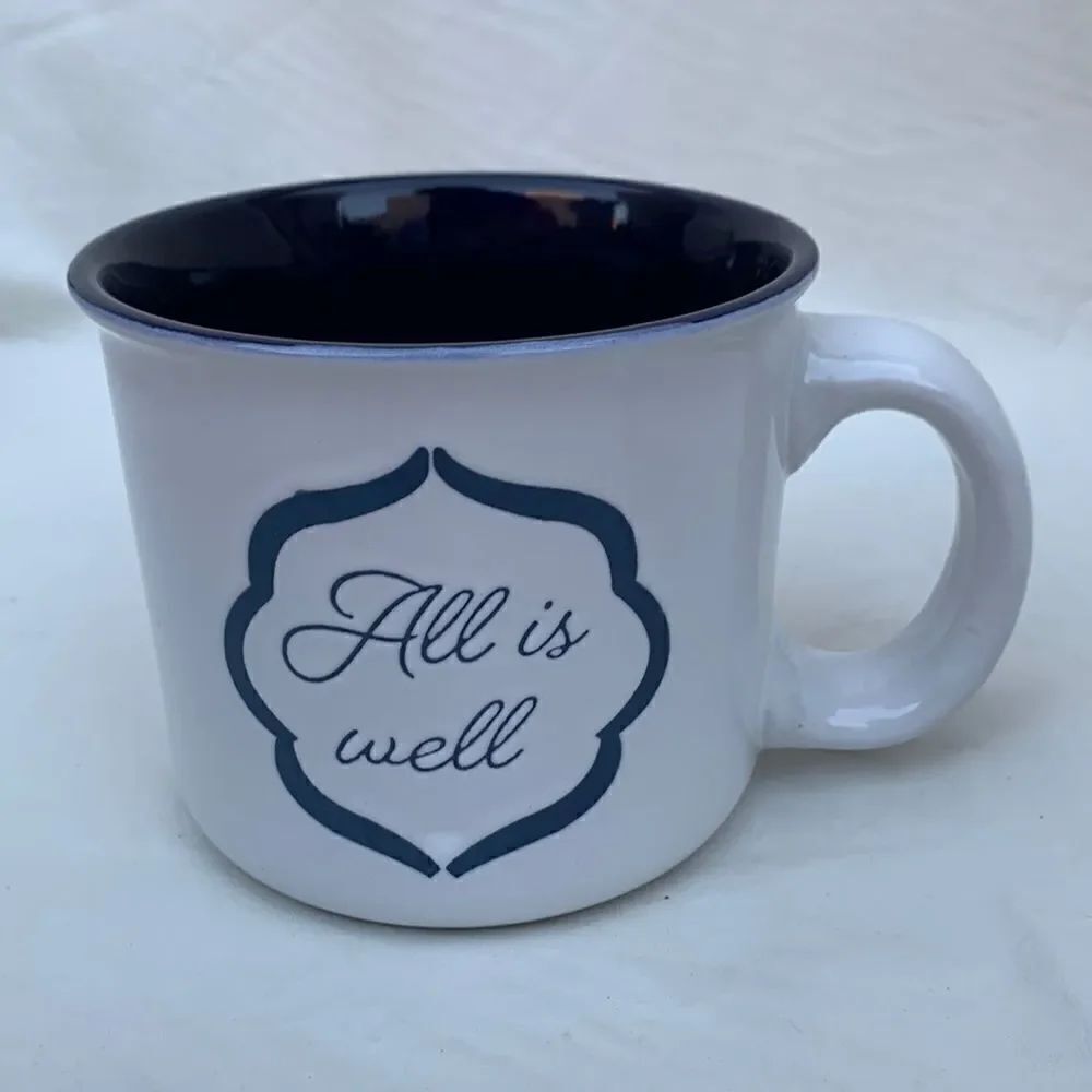 All Is Well 18 Ounce Large Coffee Tea Cocoa Mug White Navy Blue Interior Used